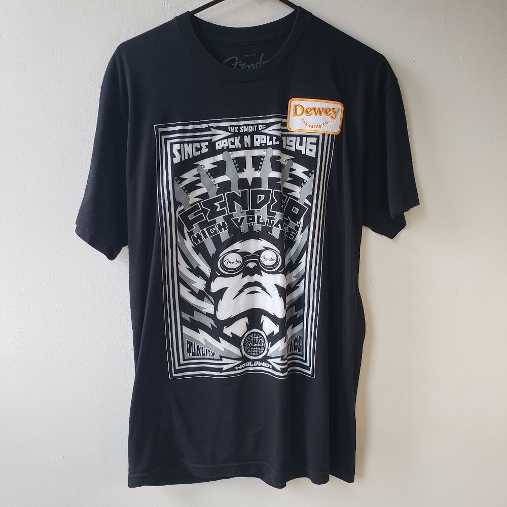 FENDER High Voltage Time Traveller Rock Music Shirt with Dewey Cannabis Co Patch